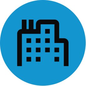 Black built environment thematic icon with blue circular background.