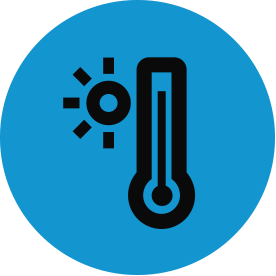 Black climate change thematic icon with blue circular background.
